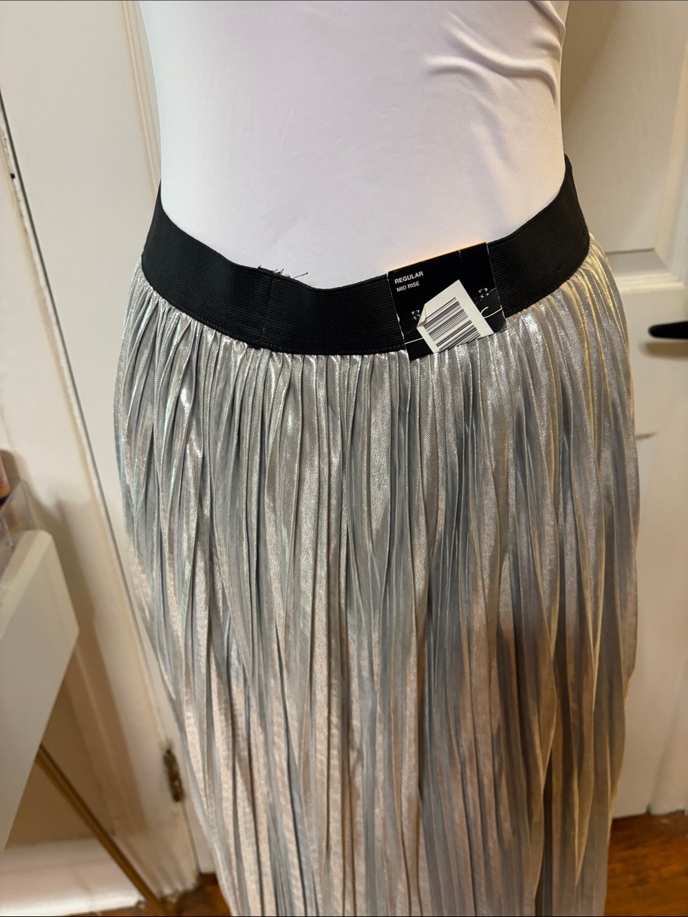 INC International Concepts Silver Pleated Maxi Skirt with Black Waistband - Picture 3 of 6